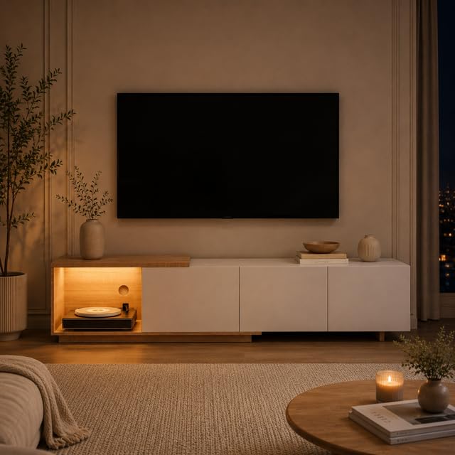 Szafka pod telewizor 163 cm-240 cm z oświetleniem, stolik pod telewizor z 3 szufladami, wysuwany stojak pod telewizor, meble do salonu, wysoki połysk biały i naturalny rysunek słojów, 240 x 38 x