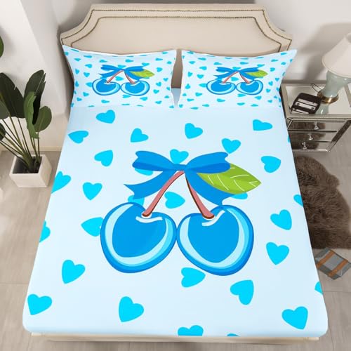 Kawaii Oriental Cherry Kids Fitted Sheet Twin Size Girls Princess Bed Sheet Set for Boys Girls Teens Bedroom Decor Hearts Bedding Set Cute Fruit Breathable Soft Lightweight Microfiber 2Pcs
