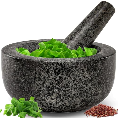 SPNOR Granite Mortar and Pestle Set 17CM Pestle and 16CM Mortar Natural Unpolished Non Porous Spice Grinder Small Bowl for Kitchen Spices and Pesto