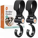Baby Uma Stroller Hooks (2 Pack) - Open Stroller Hook with 360°-Swivel Neck & Extra Strong Strap, Easy On 'n Off & Universal, 11 lb Weight Capacity, Baby Travel Essential