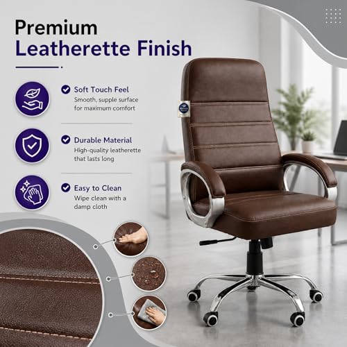 Image of Zen Executive Ergonomic Office Chair for Work from Home | Leatherette Revolving Chair with 360 Swivel, Chrome Base & Cushioned Seat (Brown, High Back)