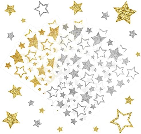 SNAGAROG 6 Sheet Glitter Star Stickers Silver Stars Stickers Self Adhesive Glitter Star Sticker Gold Star Reward Sticker Glitter Scrapbook Stars for Crafts Sparkly Glitter Stickers for Wall Decoration