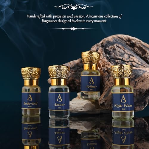 Image of Luxury Attar Perfume Combo Pack of 4 X 6ML Each Long Lasting Non Alcoholic Roll On Fragrance Signature Arabic French Blend Unisex Attar for Men Women Best Gift for Couple Love Special Luxury Quality Original Attar Collection