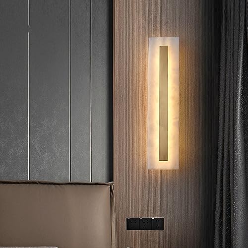 Aplique de pared de alabastro blanco y piedra natural de latón nórdico, lámpara de pared lineal moderna de mármol, barra de luz LED de vidrio montada en la pared, lámpara de tocador de mediados de sig