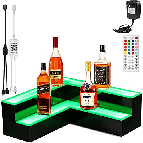 VEVOR Corner LED Liquor Bottle Display Shelf, 20-inch LED Bar Shelves for Liquor, 2-Step Lighted Liquor Bottle Shelf for Home/Commercial Bar, Acrylic Lighted Bottle Display with Remote & App Control