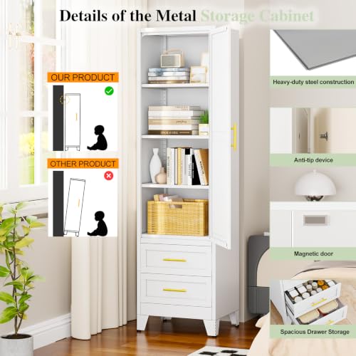 Image of Tall Narrow Pantry Cabinet for Kitchen, 67 inch H Metal Storage Cabinet with Drawers, Doors & 3 Adjustable Shelves for Dining Room, Living Room, Home Office, 20 inches Wide, White