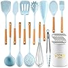 Keidason Kitchen Cooking Utensils Set, 13 Piece Wooden Handle Silicone Cookware Set with Stand,Nonstick Heat Resistant Silicone Tool Set - Morandi Blue（ BPA Free）