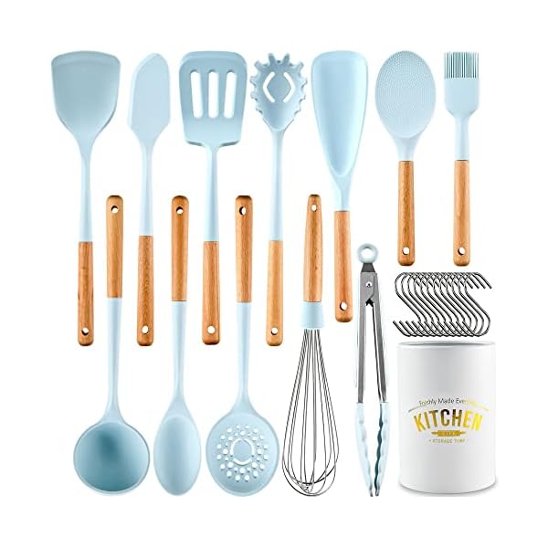 Keidason Kitchen Cooking Utensils Set, 13 Piece Wooden Handle Silicone Cookware Set with Stand,Nonstick Heat Resistant Silicone Tool Set - Morandi Blue( BPA Free) Keidason Kitchen Cooking Utensils Set, 13 Piece Wooden Handle Silicone Cookware Set with Stand,Nonstick Heat Resistant Silicone Tool Set - Morandi Blue( BPA Free)