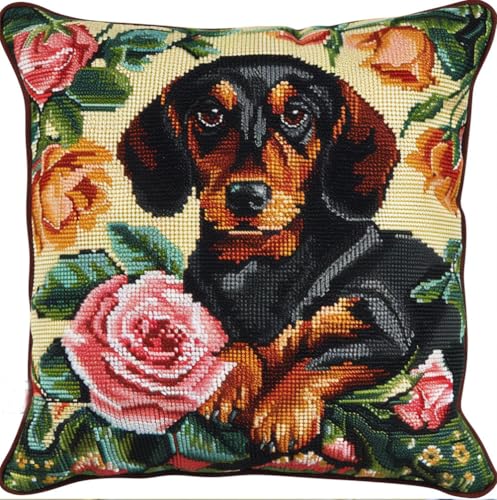 Oreillers Point de Croix Pré-Imprimé Teckel 11CT | Housse Coussin Broderie Débutant