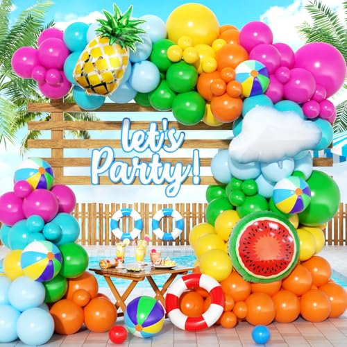 PTGOLUO Tropical Hawaiian Balloon Garland Arch Kit 160Pcs Summer Beach Pool Balloons Arch Kit with Beach Ball Pineapple for Birthday Hawaiian Luau Pool Beach Party Baby Shower Coconut Party Decor