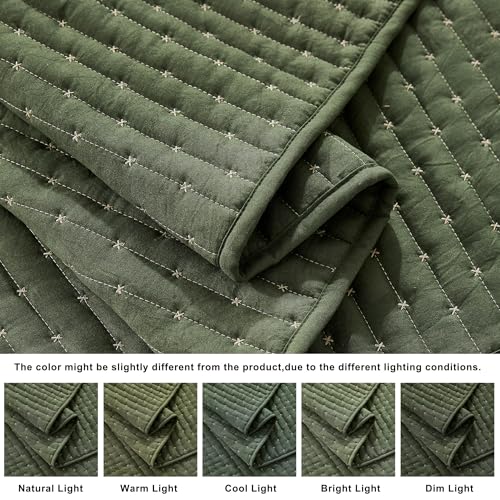 WDCOZY Olive Green Cross Stitch Queen Size Quilt Set, Striped Lightweight Soft Bedspread, Channel Farmhouse Rustic Coverlet, All Season Country Bedding, Thin Comforter - Thumbnail 4