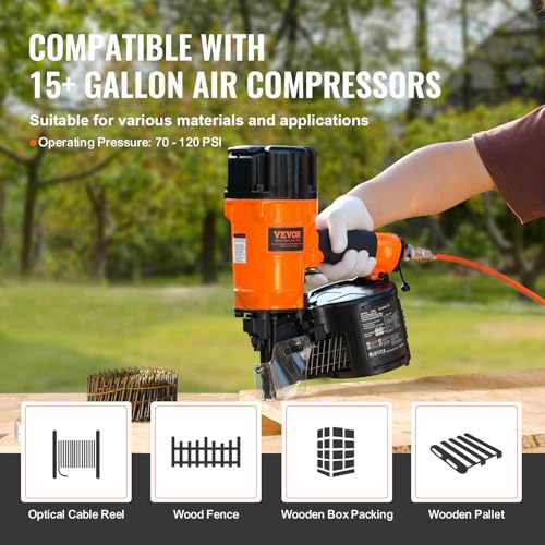 Image of VEVOR Coil Siding /Framing Nailer CN83N, 2 inch to 3-1 /4 inch 15 Degree Pneumatic Siding Nail Gun with Tool-Less Depth Adjustment, 70-120PSI Air Coil Nailer for Siding Sheathing Wooding Fencing Decking