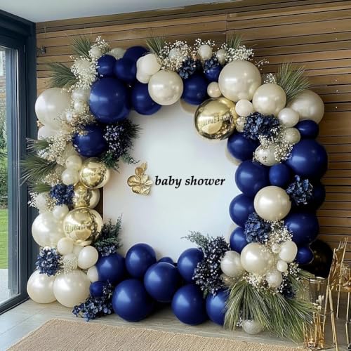 Image of Navy Blue Balloon Garland Double Stuffed Pearl White Royal Blue Balloons Dark Navy Gold Balloon Arch Kit for Birthday Baby Shower Wedding Graduation Father's Day Party Decor