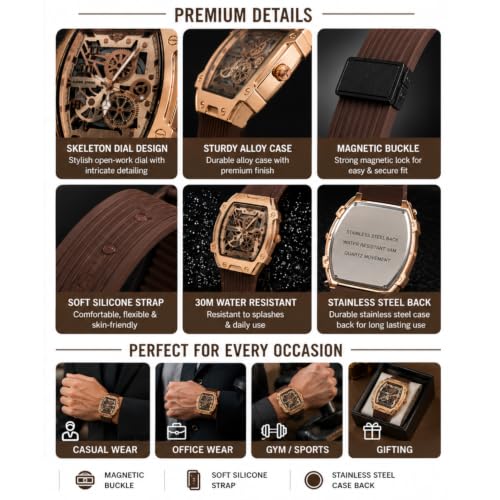 Image of Men's Analog Watch with Skeleton Dial, Rose Gold Alloy Case, Brown Silicone Strap, Quartz Movement, Magnetic Buckle & 30M Water Resistant Wrist Watch