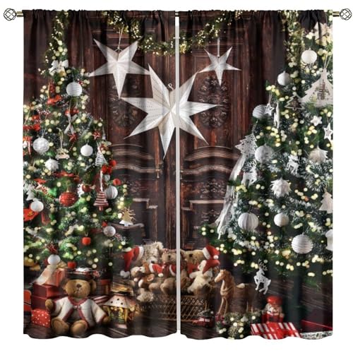 Funnytree Christmas Wooden Barn Curtain Rustic Xmas Pine Tree Festival