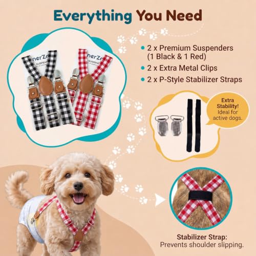 Image of 2 Pieces Dog Diaper Suspenders, for Dog Diaper Female and Belly Band for Male (Plaid, Small /Medium)