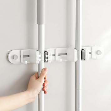 Wall Mounted Broom and Mop Holder White Aluminum+ABS Storage Rack Non-Marking Organiser with Multiple Hooks for Cleaning Tools,1 pce Double clip