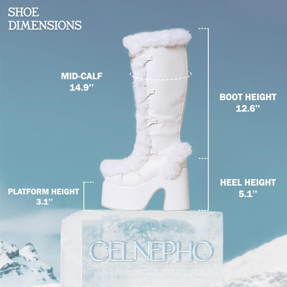 CELNEPHO Knee High Boots For Womens Side Zipper Warm Faux Fur Platform Chunky Heel Punk Goth Walking Winter Snow Boots: 7 A-white