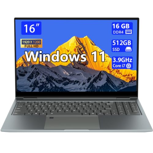 Image of Laptop 16-inch 16GB RAM 512GB SSD,Core i7 up to 3.9GHz,1920X1200 FHD IPS Display, Windows11 Metal Laptop Computer with Fingerprint Reader & Backlit Keyboard, WiFi, HDMI, Type-C, USB 3.0,Bluetooth 4.2