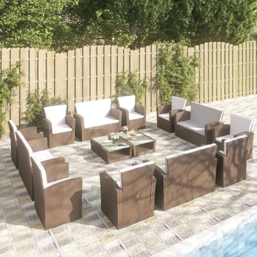 HOMELEN Juego de 16 muebles de jardín con cojines de polirratán marrón, juego de muebles de jardín, muebles de jardín, juegos de entretenimiento, balcón, sofá, salón, adecuado para jardines y terrazas