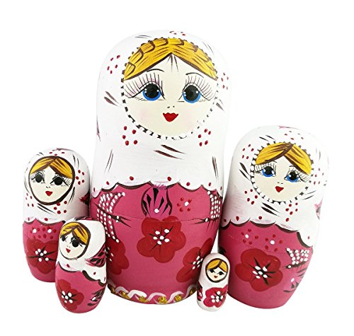 Matrjoschka-Puppen im rustikalen Stil, rote, rosafarbene Matroschka-Puppen, Holz-Stapelspielzeug, handgefertigtes Geschenk, Holzpuppen, Kindergeschenk, Kinderzimmer-Dekoration, 5 Stück