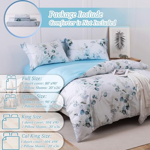 MILDLY 100% Long-Staple Cotton Duvet Cover Set Baby Blue Teal Gradient Leaf Pattern Printed Comforter Cover 3pcs, Ultra Soft & Breathable Bedding Set