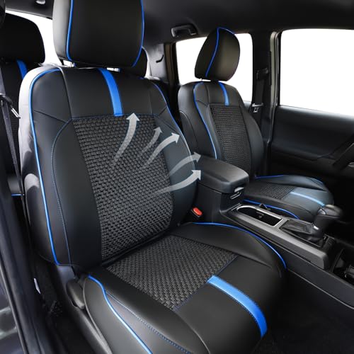 Image of Front Seat Covers Custom Fit for Toyota Tacoma 2016-2023 Double & Crew Cab SR,SR5,Limited,TRD Sport,TRD Pro,TRD Off-Road,Full Coverage Leather Seat Covers,Interior Accessories,Blue Black