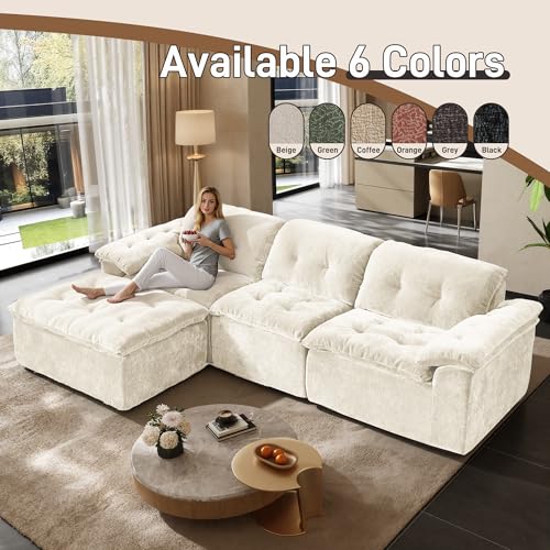 Image of 118 inch Oversized Modular Sectional Sofa, Large Modern Cloud Sectional Couch with Ottoman, Chenille 4 Seat Sofa Set, L-Shape Couch for Living Room, Apartments, No Assembly Required, Beige