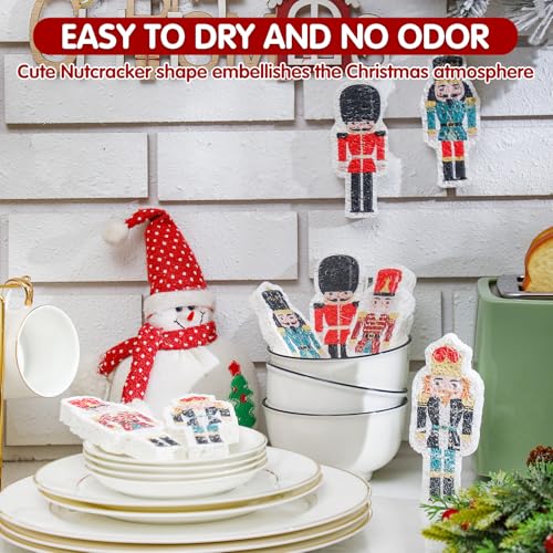 Image of Layhit 12 Pcs Christmas Dish Sponges Cute Kitchen Non Scratch Scrub Sink Sponges Wood Pulp Reusable Household Cleaning Cloth for Kitchen Dishes Furniture(Nutcracker)