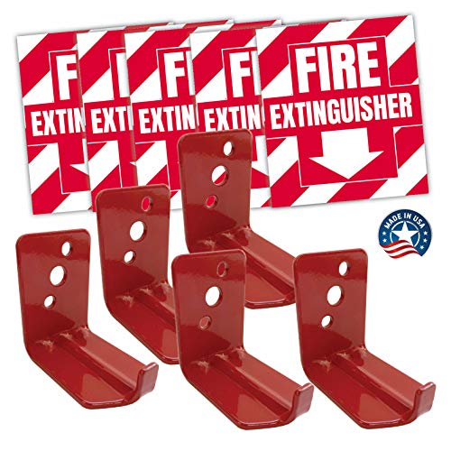 Fire Extinguisher Sign Sticker Bracket Wall Mount - Pack of 5 Self Adhesive Decals Weatherproof UV Protected AND 5 10-15 lb Hooks