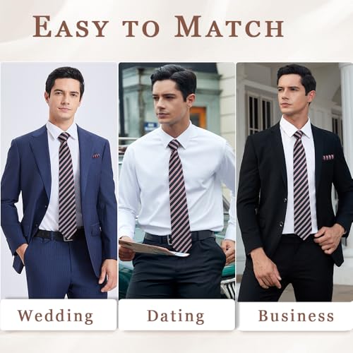 Image of Enlision Mens Ties Stripe Tie and Pocket Square Set Classic Formal Woven Neckties Handkerchief Cufflinks Wedding