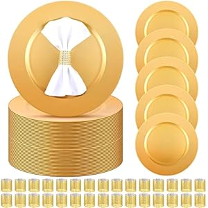 100 Pcs Charger Plates Set Bulk Include 50 Plastic Plate Chargers and 50 Napkin Rings 13″ Round Wedding Chargers for Dinner Plate Table Setting Wedding Baby Shower Decoration (Gold)