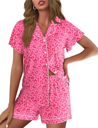Ekouaer Pajamas for Women Set Button Up Pjs Ruffle Sleeve Sleepwear Notch Collar Bride Soft Pj Lounge Sets Hot Pink Cheetah XXL