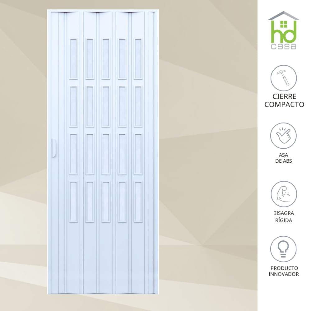 HDcasa Puerta plegable Extra Standard, PVC con cristal transparente, reversible y regulable en altura longitud, para montaje propio, fabricada Italia, decoración del hogar, blanca, 82 x 210 cm
