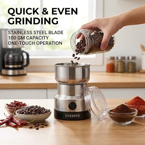 Image of andrew james Spice Grinder Electric 150W | Mini Mixer Grinder Small Size for Coffee Beans, Masala & Dry Grinding | EVERSYS Portable Mini Grinders Machine for Kitchen with Approx. 100g Capacity