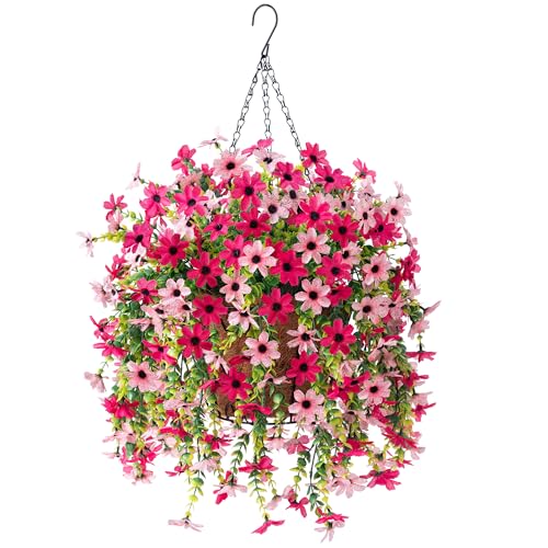 Artificial Fake Spring Hanging Flowers Plants with Basket Outdoor Flower Decor Faux Silk Colorful Daisy in Metal Coconut Lining Pot Plastic Shrubs Decor Farmhouse Home Garden Rose Pink