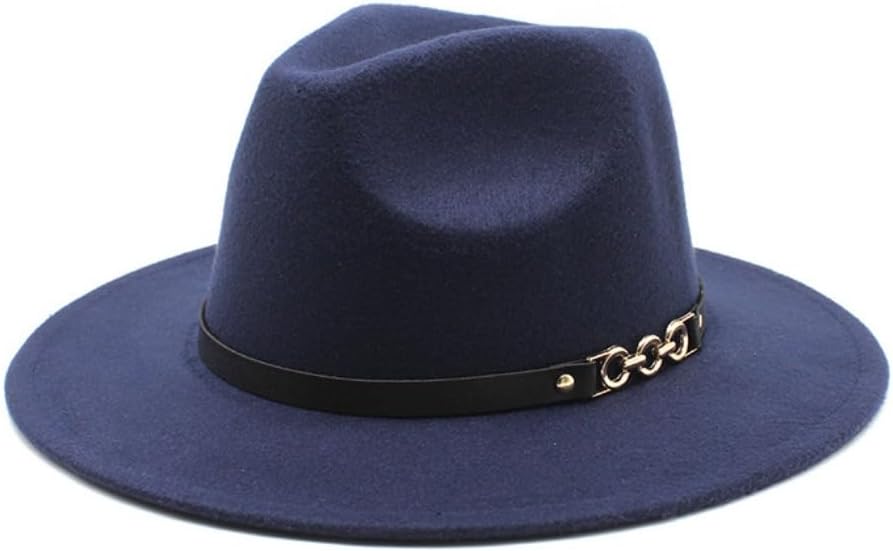 Classic Wool Fedora Hat with Chain Detail Band, Wide Brim Western Style, Black