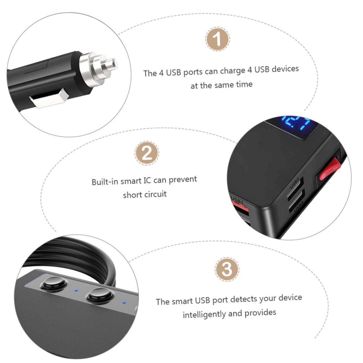 Veemoon Caricatore da Auto Adattatore Accendisigari 3 in 1, 4 Porte Usb, 180w Max, Interruttore Indipendente, per Telefoni Cellulari e Mp3