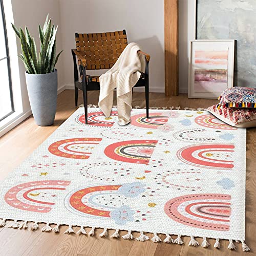 Image of Boho Rug Hand Drawn Set of Different Rainbows with Hearts Clouds Stars Moon Area Rug Carpet Patio Rug Hallway Runner Rug Mat Pad Minimalist Home Decor for Living Room Bedroom Indoor Outdoor
