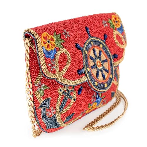 Mary Frances Captain's Helm Beaded Crossbody Handbag Nautical Wheel Clutch Purse Anchor Embellished Evening Bag, Red3