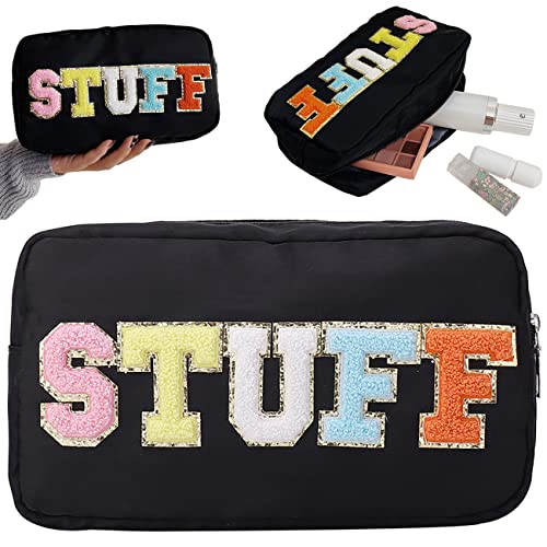 Nylon Preppy Makeup Bag Organizer with Chenille Letter Cosmetic Toiletry Bag for Women Girls Skincare Bag, Glam Bag with Zipper for Travel Daily Use Preppy Stuff…