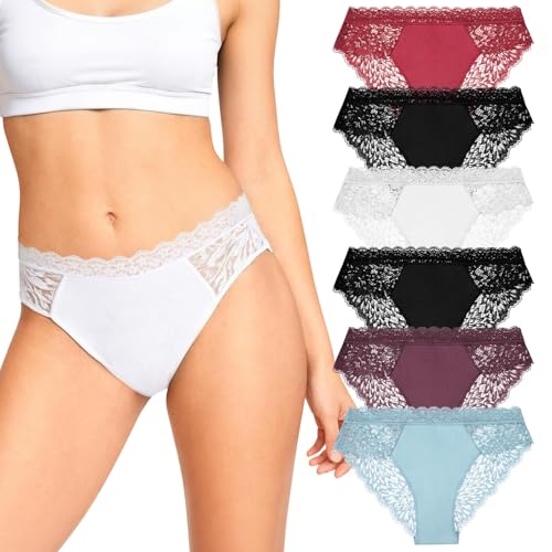 HAGOT Lot de 6 Culotte Slip Femme Dentelle, sous-vêtements Coton Dentelle Sexy, Soft Underwear Femme Doux, Culotte Multipack