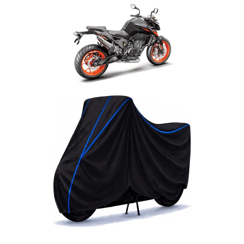 Image of KTM 790 Duke Bike Cover Water Resistant Universal Motorcycle Rain | Heavy Duty UV Protection, Dust, Scratch Indoor Outdoor All Weather with Black Blue Piping Elastic