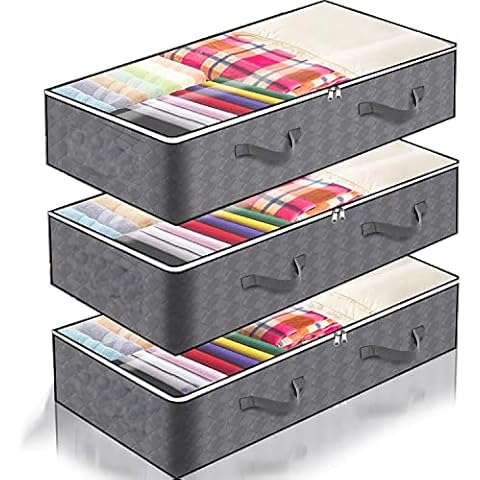 Niftii 3 Pack 75L Underbed Storage Bag in Grey - Foldable Clothes Bag with Reinforced Handle | Large Capacity Containers with Clear Window | Non-Woven Zippered Organiser for Comforters & Bedding Cover