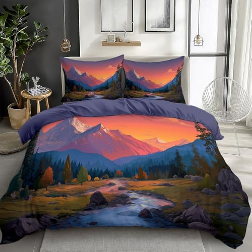 Bedding Set Duvet Cover Set Small Single for Kids Toddler- Cartoon Pastoral Landscape Mountains Rivers Printed Quilted Comforter Cover with 1 Pillowcases, Purple, Zipper Closure, 2 Pieces