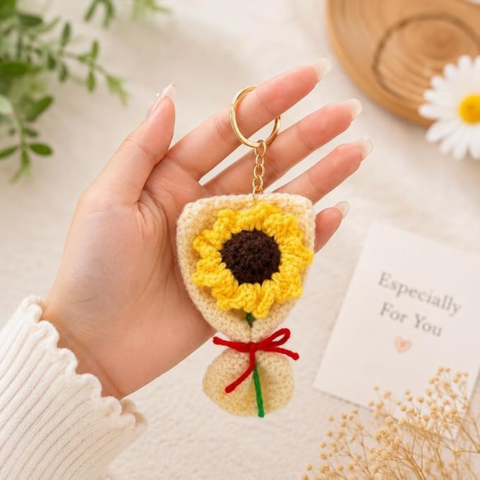 Image of Handmade Crochet Keychain Combo for Girls Women Cute Aesthetic Sunflower Strawberry Watermelon Daisy Knitted Keychain Bag Charm Purse Charm Car Key Ring Backpack Accessories Gift