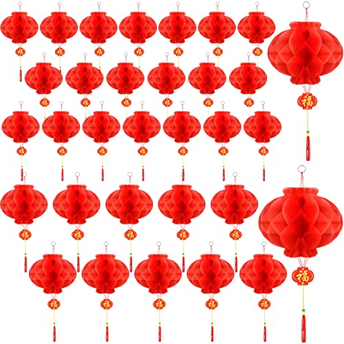 30 Pieces Chinese New Year Decorations Lanterns, 8 Inch and 10 Inch Red Chinese Lanterns Festival Celebration Supplies for New Year, Spring Festival, Party, Wedding and Restaurant