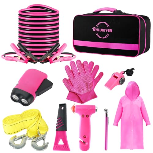BHLUUIYER Car Emergency Kit, Pink Roadside Emergency Car Kit with Jumper Cables, Tow Rope, Safety Hammer, Pink Car Accessories for Women