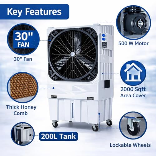 Image of 200 Desert Air Cooler Commercial 3000 Sqft | 13000 m /h Airflow | 30 Inch Fan | 100mm Honeycomb Pads | 500W High Performance Cooler for Large Rooms, Halls, Warehouses & Outdoor Use (White)