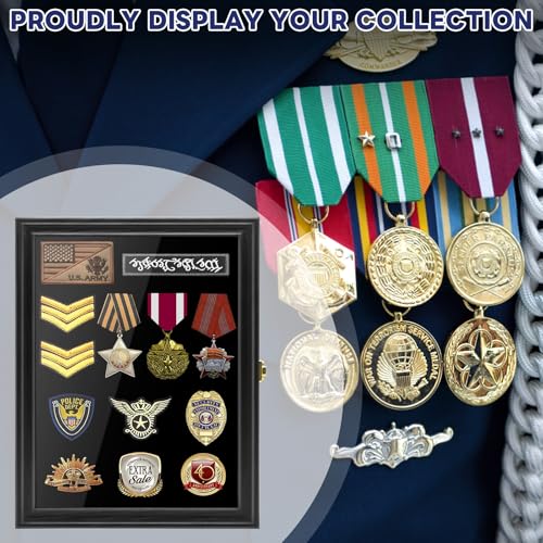 Image of PiaoHao 15.4 inchX 11.2 inch Pin Display Case Medal Shadow Box with 98% UV Protection for Military Medals, Beach Tags, Jewelry Pins, Pin Gift, Insignia Ribbons, Pin Enthusiast Collectibles Black Finish